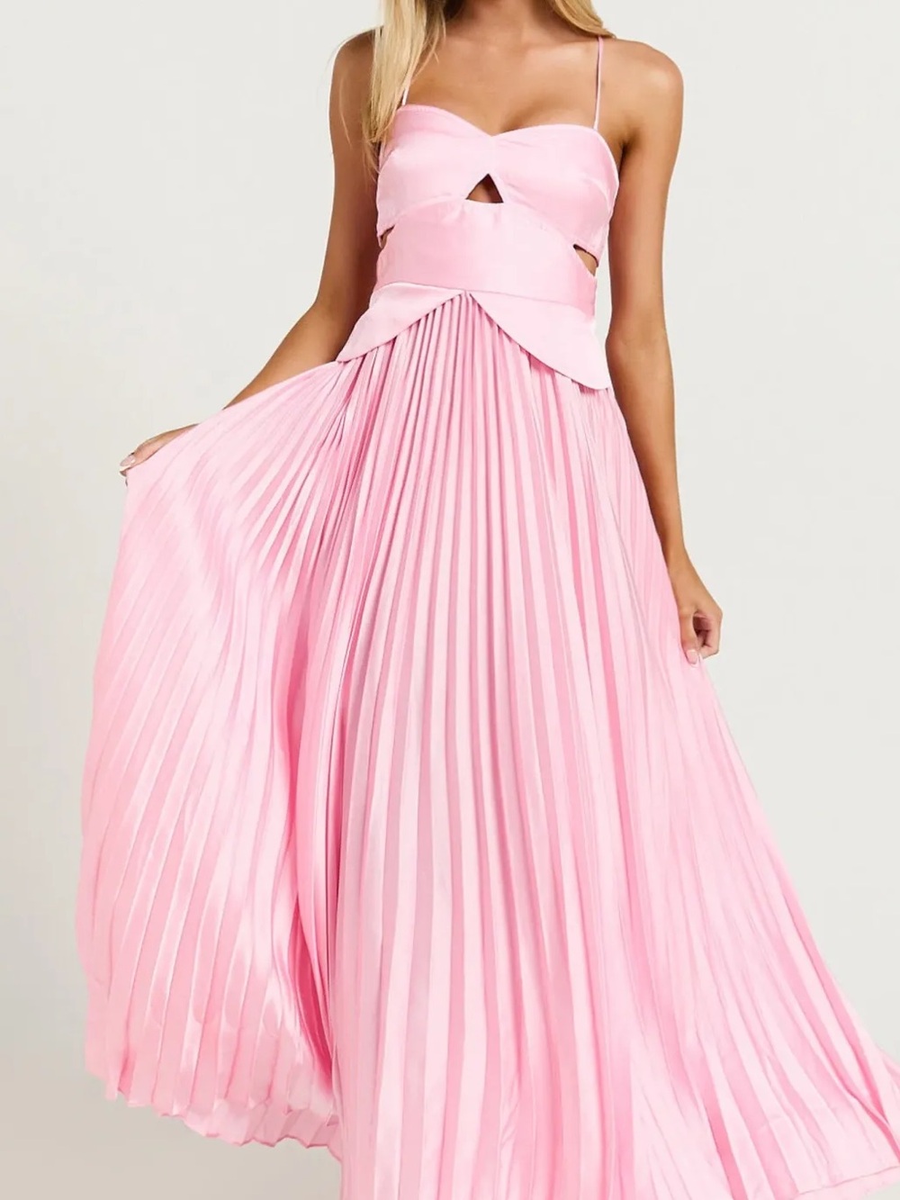 Pink Pleated Maxi Dress with Cutout Bodice